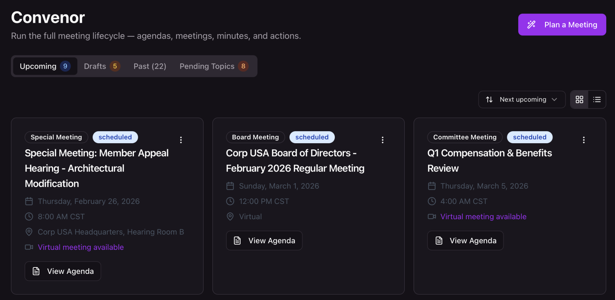Convenor dashboard showing upcoming board, special, and committee meetings with dates, locations, and agenda links