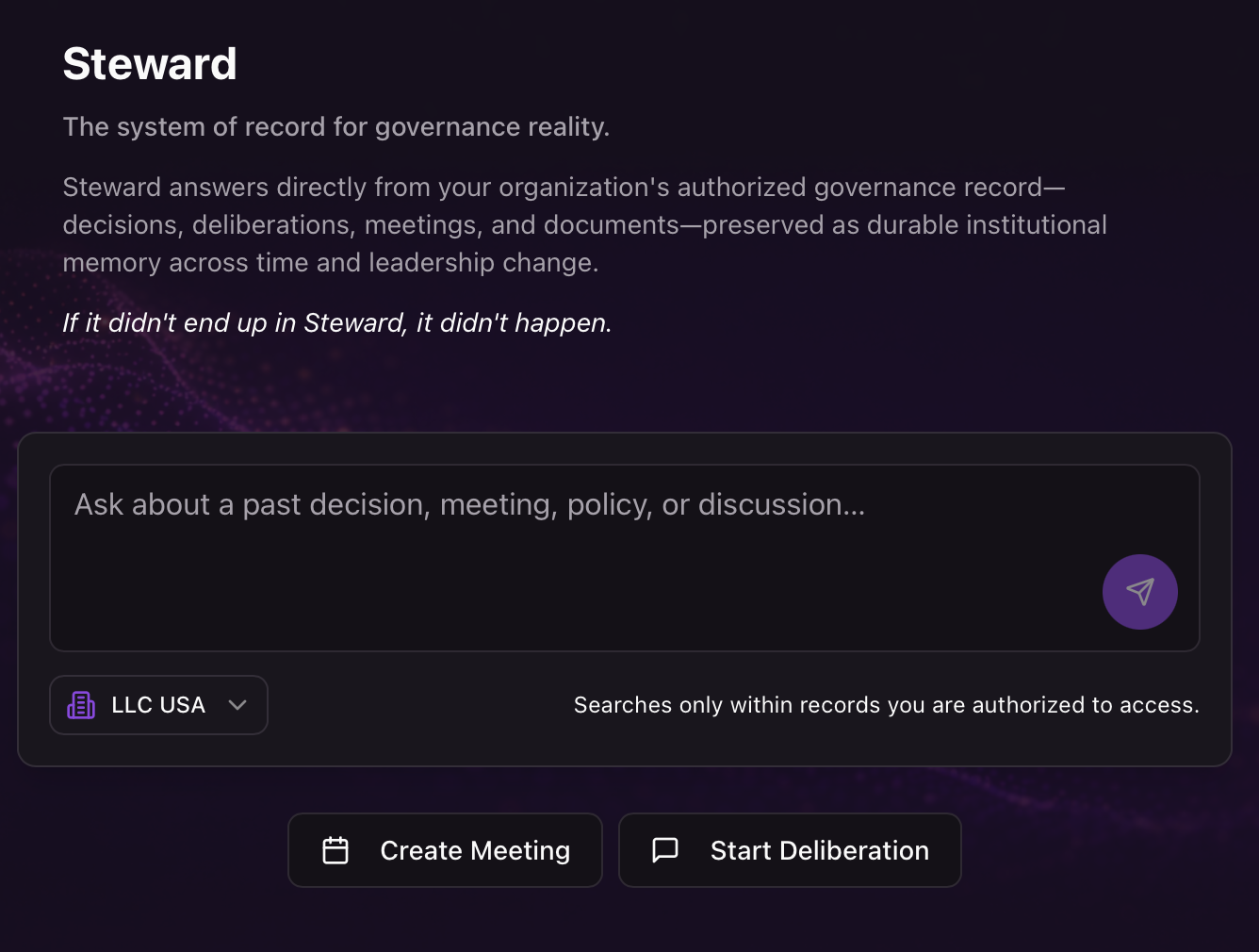 Steward home screen showing governance question interface with entity switcher and options to create a meeting or start a deliberation