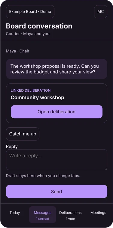 Mobile design preview, Messages tab: a board conversation linked to a deliberation