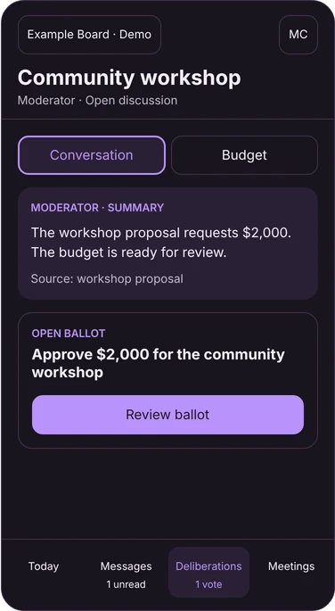 Mobile design preview, Deliberations tab: a Moderator summary and an open ballot