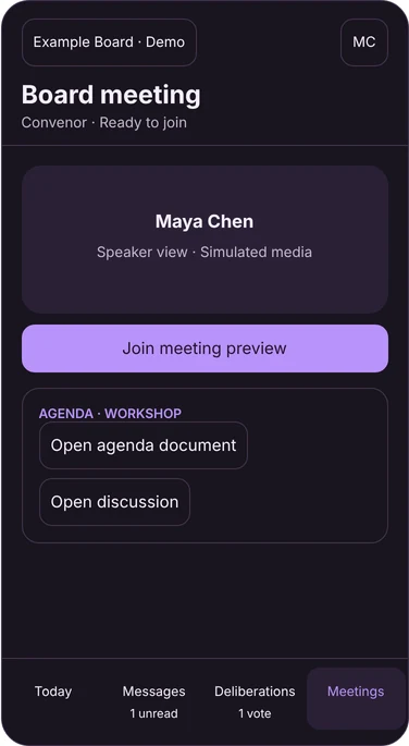 Mobile design preview, Meetings tab: the next board meeting, ready to join