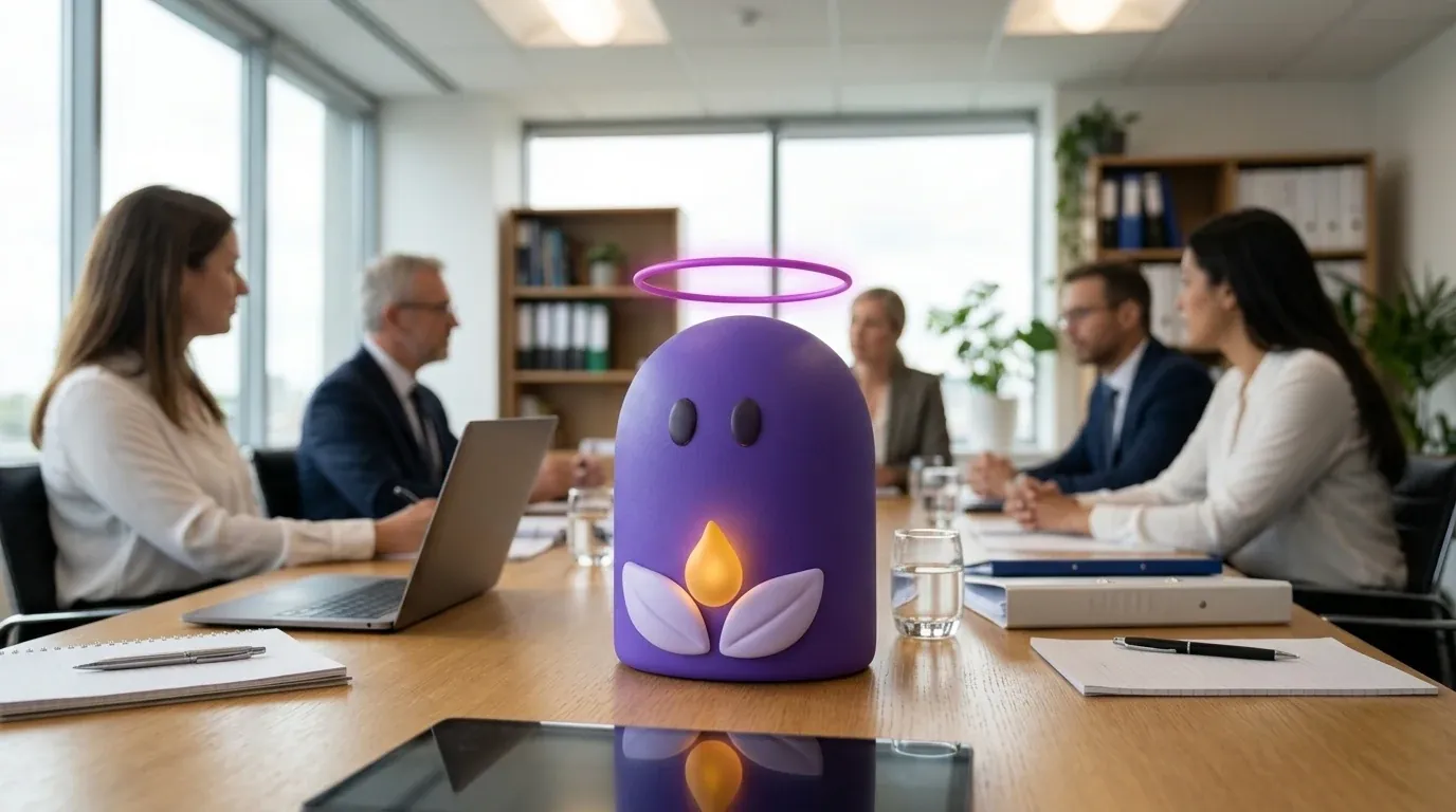 Steward, Qwibie's AI assistant, shown on the table at a board meeting. AI-generated image.