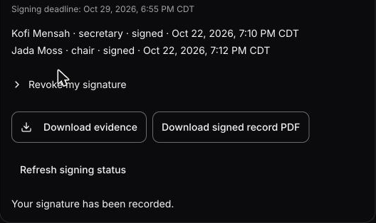 A completed signing record with two typed-name signatures and download buttons