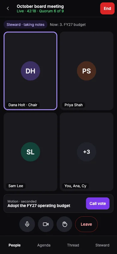 Mobile design preview, a live board meeting with the motion ready for a vote