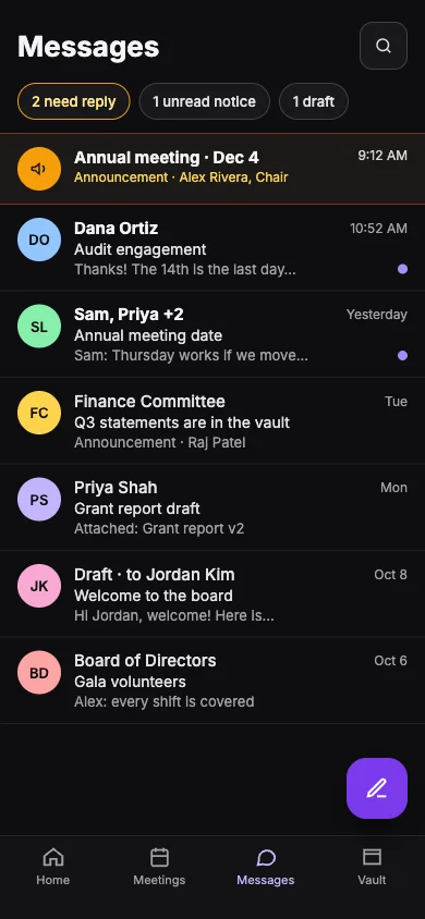 Mobile design preview, Messages: an announcement, conversations and a committee update